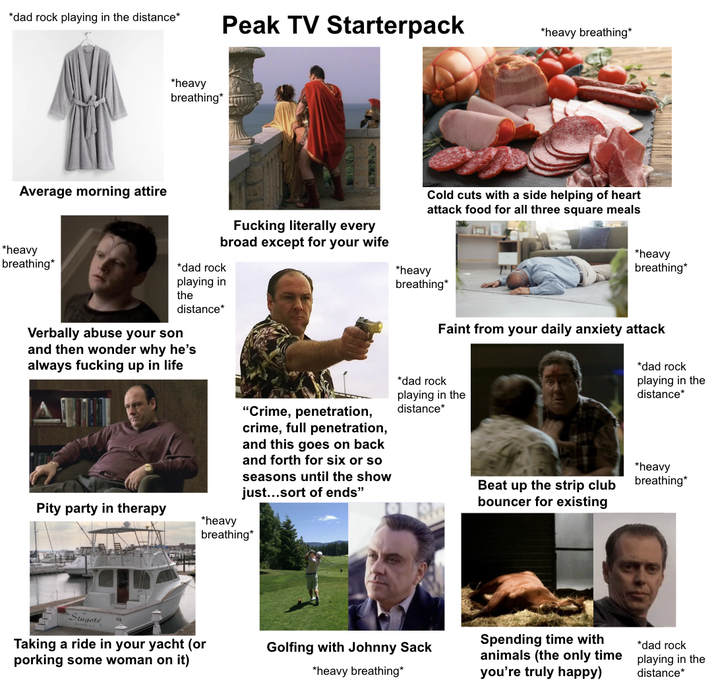 *dad rock playing in the distance* Peak TV Starterpack *heavy breathing* Average morning attire *heavy breathing* *heavy breathing* F------ literally every broad except for your wife Cold cuts with a side helping of heart attack food for all three square meals *dad rock playing in the distance* *heavy breathing* *heavy breathing* Verbally abuse your son and then wonder why he's always f------ up in life "Crime, penetration, crime, full penetration, and this goes on back and forth for six or so seasons until the show just...sort of ends" Faint from your daily anxiety attack *dad rock playing in the distance* Beat up the strip club bouncer for existing *dad rock playing in the distance* *heavy breathing* Pity party in therapy *heavy breathing* Stugots Taking a ride in your yacht (or porking some woman on it) Golfing with Johnny Sack *heavy breathing* Spending time with animals (the only time you're truly happy) *dad rock playing in the distance*