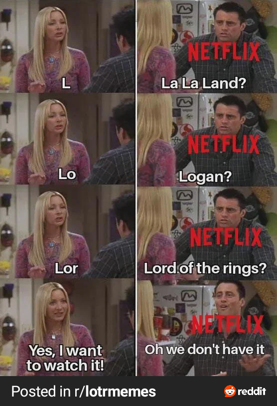 L E NETFLIX La La Land? NETFLIX Logan? Lo E Lor NETFLIX Lord of the rings? Yes, I want to watch it! Oh we don't have it Posted in r/lotrmemes reddit