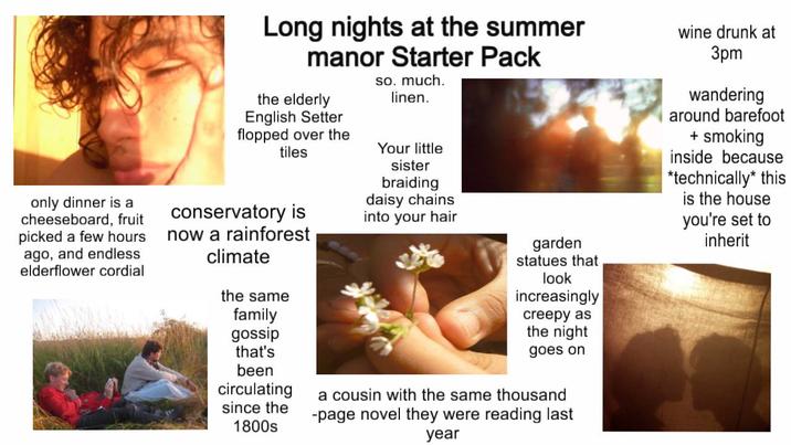 only dinner is a cheeseboard, fruit picked a few hours ago, and endless elderflower cordial Long nights at the summer manor Starter Pack the elderly English Setter flopped over the tiles conservatory is now a rainforest climate the same family gossip that's been circulating since the 1800s so. much. linen. Your little sister braiding daisy chains into your hair garden statues that look increasingly creepy as the night goes on a cousin with the same thousand -page novel they were reading last year wine drunk at 3pm wandering around barefoot + smoking inside because *technically* this is the house you're set to inherit