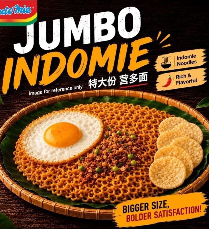 donie JUMBO INDOMIE image for reference only 特大份 营多面 Indomie Noodles Rich & Flavorful BIGGER SIZE, BOLDER SATISFACTION!