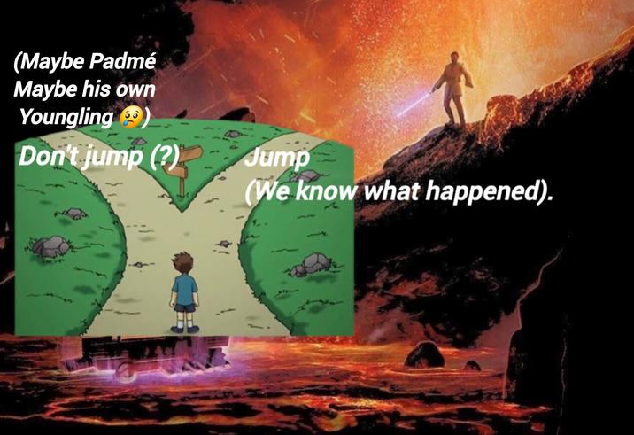 (Maybe Padmé Maybe his own Youngling) Don't jump (?) Jump (We know what happened).
