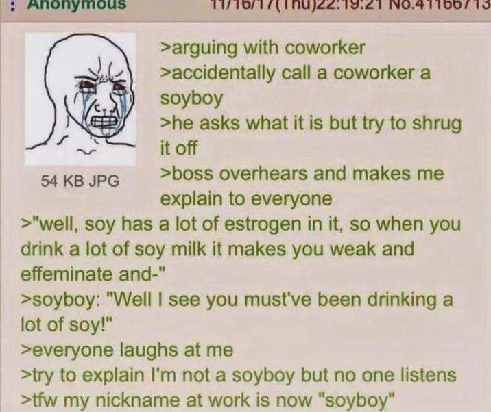 : Anonymous 54 KB JPG 22:19:21 NO.41166/13 >arguing with coworker >accidentally call a coworker a soyboy >he asks what it is but try to shrug it off >boss overhears and makes me explain to everyone >"well, soy has a lot of estrogen in it, so when you drink a lot of soy milk it makes you weak and effeminate and-" >soyboy: "Well I see you must've been drinking a lot of soy!" >everyone laughs at me >try to explain I'm not a soyboy but no one listens >tfw my nickname at work is now "soyboy"
