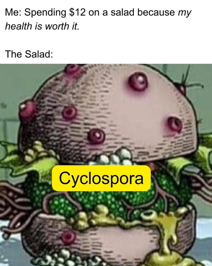 Me: Spending $12 on a salad because my health is worth it. The Salad: Cyclospora