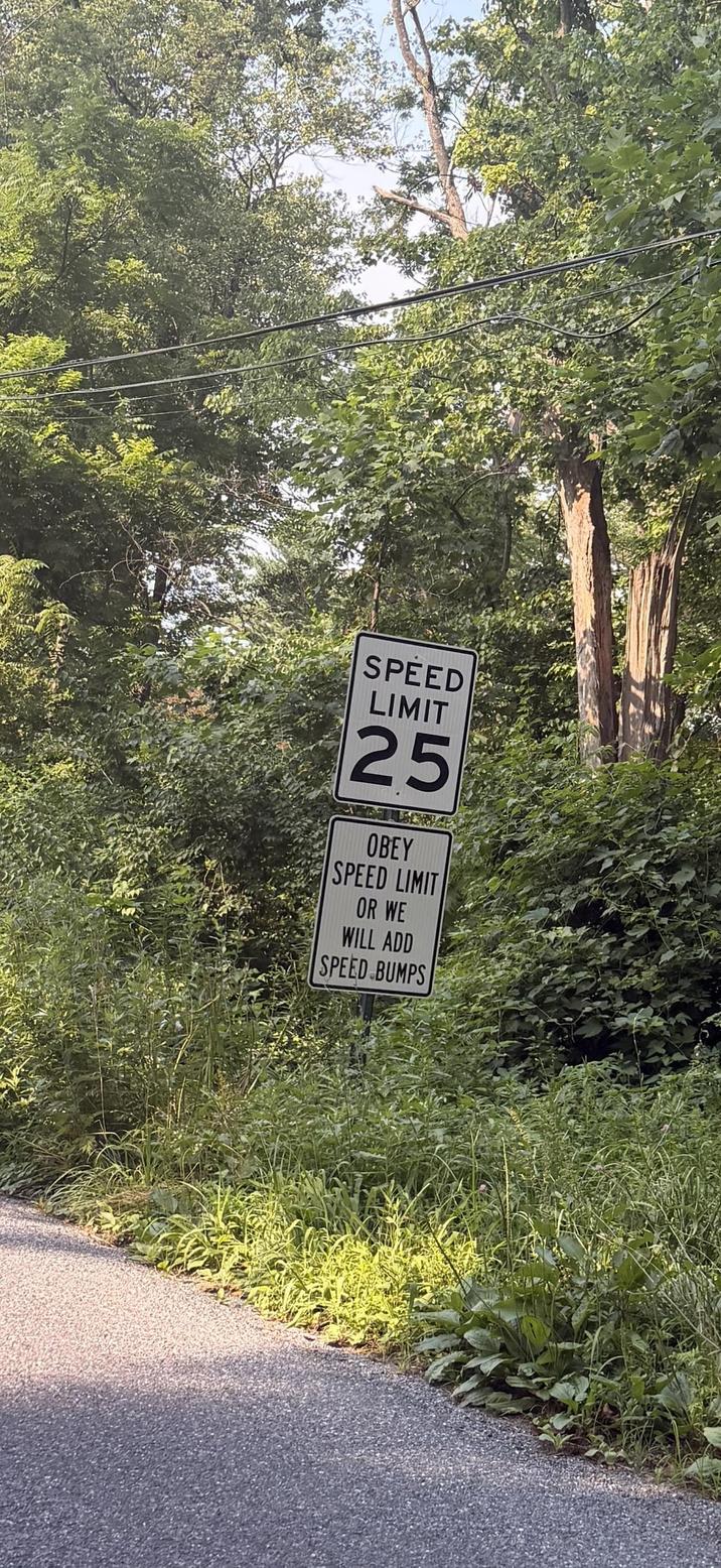 SPEED LIMIT 25 OBEY SPEED LIMIT OR WE WILL ADD SPEED BUMPS