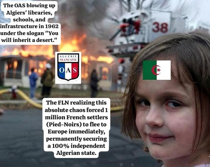 The OAS blowing up Algiers' libraries, schools, and infrastructure in 1962 under the slogan "You will inherit a desert." ALGERIE FRANÇAISE OAS The FLN realizing this absolute chaos forced 1 million French settlers (Pied-Noirs) to flee to Europe immediately, permanently securing a 100% independent Algerian state. 38