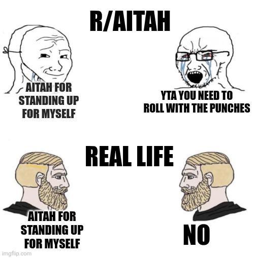 R/AITAH AITAH FOR STANDING UP FOR MYSELF YTA YOU NEED TO ROLL WITH THE PUNCHES AITAH FOR STANDING UP FOR MYSELF imgflip.com REAL LIFE NO