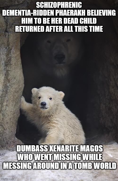 SCHIZOPHRENIC DEMENTIA-RIDDEN PHAERAKH BELIEVING HIM TO BE HER DEAD CHILD RETURNED AFTER ALL THIS TIME DUMBASS XENARITE MAGOS WHO WENT MISSING WHILE MESSING AROUND IN A TOMB WORLD imgflip.com