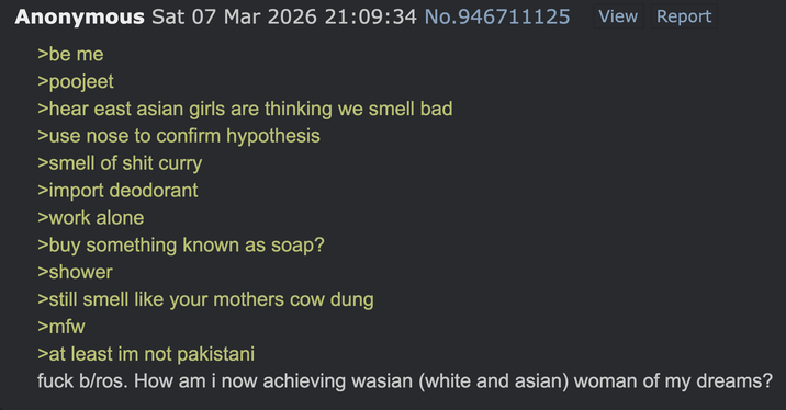 Anonymous Sat 07 Mar 2026 21:09:34 No.946711125 View Report >be me >poojeet >hear east asian girls are thinking we smell bad >use nose to confirm hypothesis >smell of s--- curry >import deodorant >work alone >buy something known as soap? >shower >still smell like your mothers cow dung >mfw >at least im not pakistani f--- b/ros. How am i now achieving wasian (white and asian) woman of my dreams?
