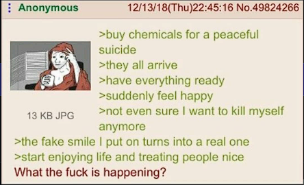 Anonymous 13 KB JPG 12/13/18(Thu)22:45:16 No.49824266 >buy chemicals for a peaceful suicide >they all arrive >have everything ready >suddenly feel happy >not even sure I want to kill myself anymore >the fake smile I put on turns into a real one >start enjoying life and treating people nice What the f--- is happening?