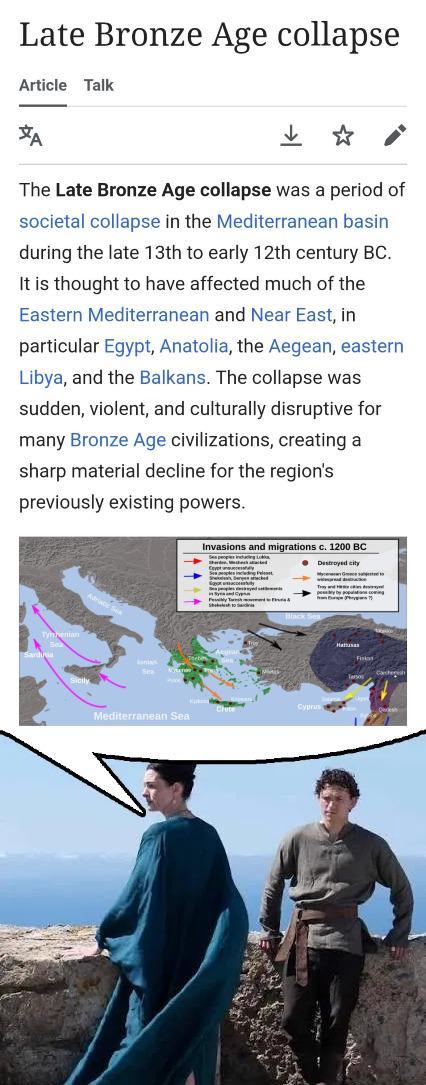 Late Bronze Age collapse Article Talk ХА The Late Bronze Age collapse was a period of societal collapse in the Mediterranean basin during the late 13th to early 12th century BC. It is thought to have affected much of the Eastern Mediterranean and Near East, in particular Egypt, Anatolia, the Aegean, eastern Libya, and the Balkans. The collapse was sudden, violent, and culturally disruptive for many Bronze Age civilizations, creating a sharp material decline for the region's previously existing powers. Invasions and migrations c. 1200 BC • Destroyed city Cyprus Mediterranean Sea Th