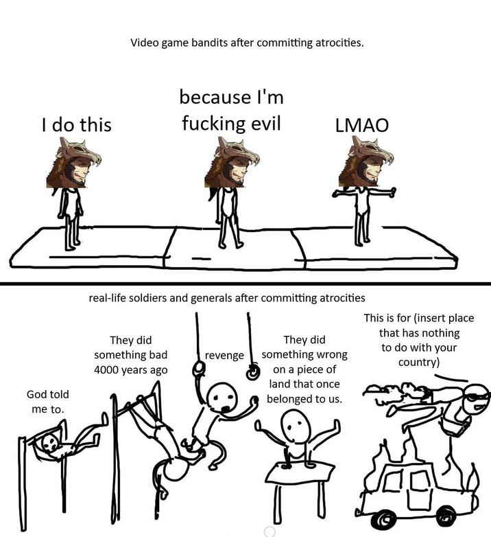 Video game bandits after committing atrocities. because I'm I do this f------ evil LMAO real-life soldiers and generals after committing atrocities They did something bad revenge 4000 years ago God told me to. They did something wrong on a piece of land that once belonged to us. This is for (insert place that has nothing to do with your country)