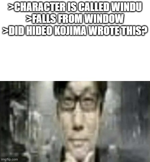 >CHARACTER IS CALLED WINDU >FALLS FROM WINDOW >DID HIDEO KOJIMA WROTE THIS? imgflip.com