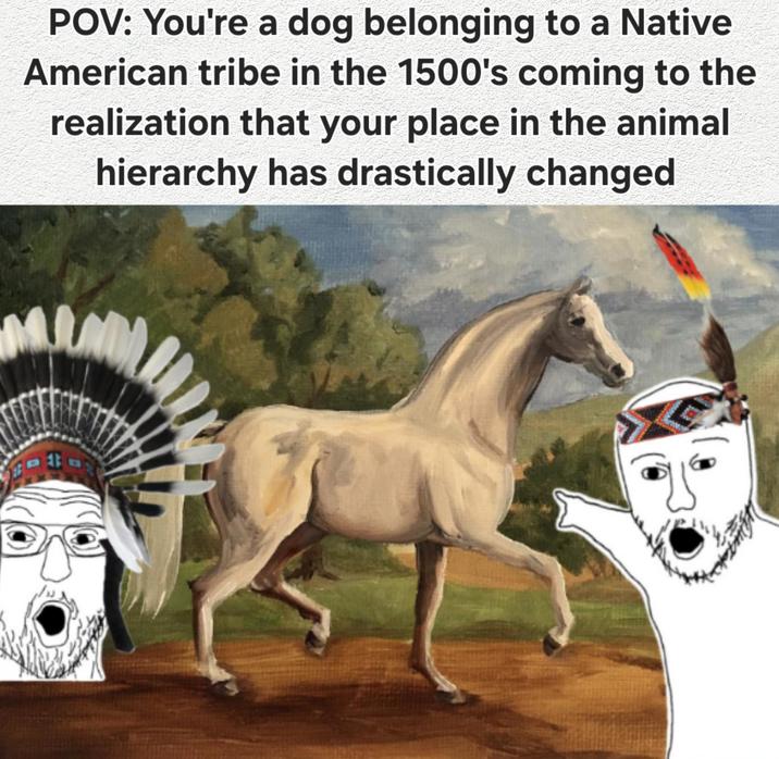 POV: You're a dog belonging to a Native American tribe in the 1500's coming to the realization that your place in the animal hierarchy has drastically changed