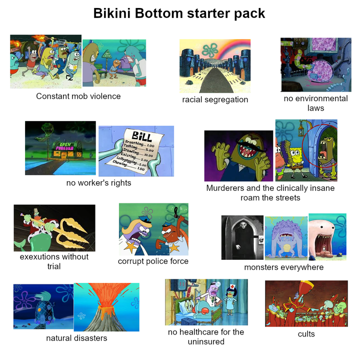 NEP Bikini Bottom starter pack STOP Constant mob violence OPEN FOREVER racial segregation no environmental laws BILL Breathing... 1.00 Talking5.00 Standing..... 10.00 Existing 2.00 Lollygagging... 2.00 Chewing 1.00 no worker's rights Murderers and the clinically insane roam the streets exexutions without trial corrupt police force + monsters everywhere natural disasters no healthcare for the uninsured cults