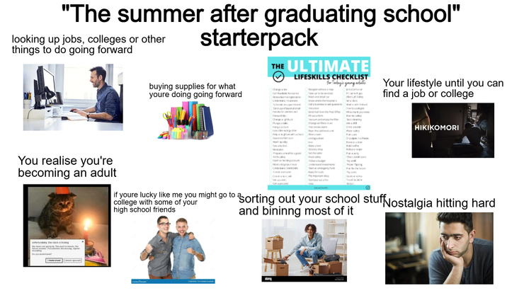 "The summer after graduating school" looking up jobs, colleges or other things to do going forward starterpack buying supplies for what youre doing going forward THE ULTIMATE LIFESKILLS CHECKLIST for today's young adults Avatar eS Your lifestyle until you can find a job or college Understand Schecke anape Send apramod Fornand Ma Changesight Harga poure Send mail from the Post once you rate dearing Change air fibers in a use are sorgusher Wesley Undog a drain Drappes in a tw Wash ndry Sevaluan Grocery shop food safety Follow a recipe Checcan score HIKIKOMORI You realise you're becoming an adult vesakty Open a cheanga Moke alege pue Understand mem Start an emergency f Crea Apyra Proser Tipping Tuvit be plane if youre lucky like me you might go to a sorting out your school stuff Nostalgia hitting hard college with some of your high school friends and bininng most of it Unfortunately, the clock is ticking the hours are going by The past increases, the future recedes Possibnities decreasing, regret mounting Do you understand? Understand remain ignorant alamy