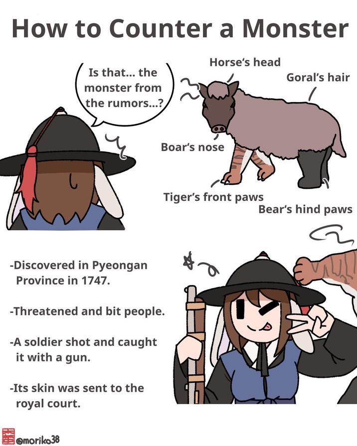 How to Counter a Monster Horse's head Is that... the Goral's hair monster from the rumors...? -Discovered in Pyeongan Province in 1747. -Threatened and bit people. -A soldier shot and caught it with a gun. -Its skin was sent to the royal court. omoriko38 Boar's nose Tiger's front paws Bear's hind paws