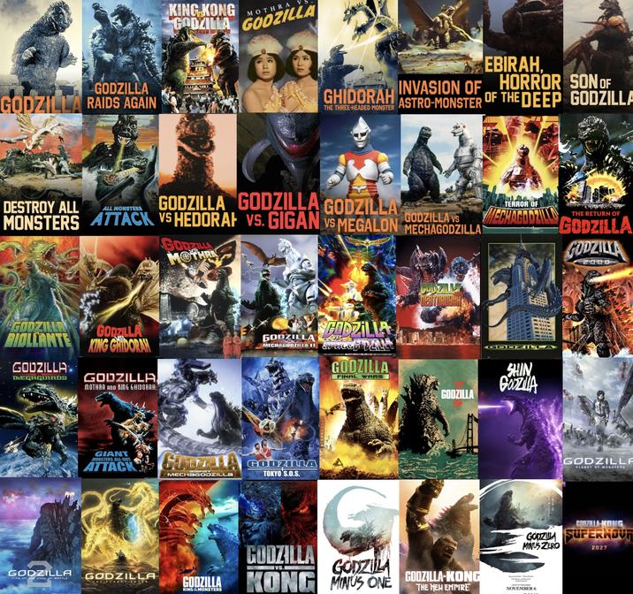 GODZILLA GODZILLA RAIDS AGAIN KING KONG GODZILLA MOTHRA GODZILLA GHIDORAH THE THREE-HEADED MONSTER EBIRAH, INVASION OF HORROR SON OF ASTRO-MONSTER OF THE DEEP GODZILLA DESTROY ALL ALL MONSTERS GODZILLA GODZILLA GODZILLA TERROR OF GODZILLA VS THE RETURN OF MONSTERS ATTACK VS HEDORAH VS. GIGAN VS MEGALON MECHAGODZILLA GODZILLA THRE MECHAGODZILL GODZILLA GODZILLA 2000 GODZILLA BIOLLANTE GODZILLA MEGAGUIRÚS GODZILLA KING GHIDORAN GODZILLA MOTHRA AND KING GHIDORAH: யாராட் GODZILLA MECHAGODZILLA II YSGODZILLA ACEH DAILLY GODZILLA FINAL WARS GIANT MONSTERS ALL-OUT ATTACK GODZILL MECH GODZILLA GODZILLA TOKYO'S.O.S. GODZILLA CITY ON THE EDGE OF BATTLE GODZILLA HEPLANET LATER GODZILLA KING MONSTERS CADZILLA DESTURDYAM GODZILLA GODZILL SHIN GOZA GODZILLA PLANET OF MONSTERS GODZILLA-KONG GODZILA SUPERNOUR MINUS ZERO 2027 GODZILLA IVS. GODZILA KONG MINUS ONE GODZILLA-KONG THE NEW EMPIRE NOVEMBER 6