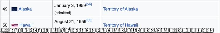 January 3, 1959[54] 49 Alaska Territory of Alaska (admitted) August 21, 1959[55] 50 Hawaii Territory of Hawaii MEEDED TO INSPECT THE QUALITY OF THE BEACHES, PINA COLADAS, GOLF COURSES, CORAL REEFS, AND HULA GIRLS