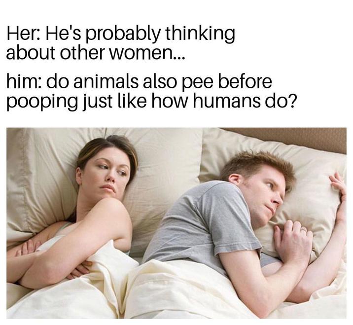 Her: He's probably thinking about other women... him: do animals also pee before pooping just like how humans do?