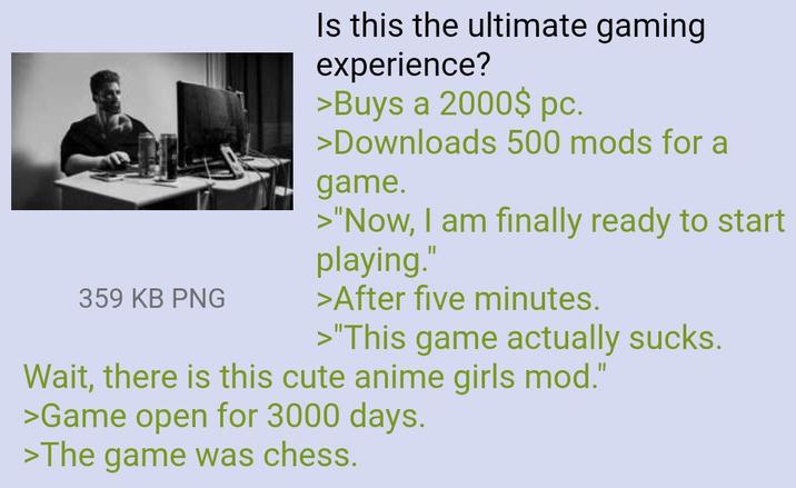 359 KB PNG Is this the ultimate gaming experience? >Buys a 2000$ pc. >Downloads 500 mods for a game. >"Now, I am finally ready to start playing." >After five minutes. >"This game actually sucks. Wait, there is this cute anime girls mod." >Game open for 3000 days. >The game was chess.