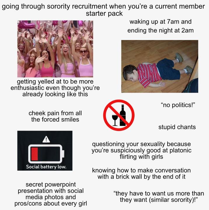 going through sorority recruitment when you're a current member starter pack waking up at 7am and getting yelled at to be more enthusiastic even though you're already looking like this cheek pain from all the forced smiles ending the night at 2am "no politics!" stupid chants Social battery low. secret powerpoint presentation with social media photos and pros/cons about every girl questioning your sexuality because you're suspiciously good at platonic flirting with girls knowing how to make conversation with a brick wall by the end of it "they have to want us more than they want (similar sorority)!"
