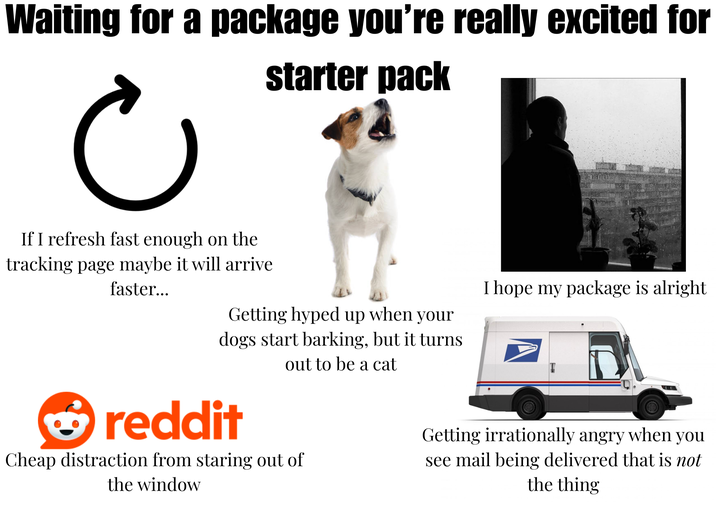 Waiting for a package you're really excited for starter pack If I refresh fast enough on the tracking page maybe it will arrive faster... Getting hyped up when your dogs start barking, but it turns out to be a cat I hope my package is alright reddit Cheap distraction from staring out of the window Getting irrationally angry when you see mail being delivered that is not the thing