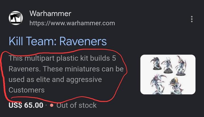 Warhammer https://www.warhammer.com Kill Team: Raveners This multipart plastic kit builds 5 Raveners. These miniatures can be used as elite and aggressive Customers US$ 65.00 • Out of stock