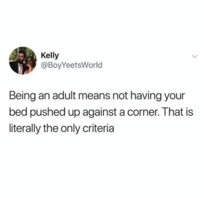 Kelly @BoyYeetsWorld Being an adult means not having your bed pushed up against a corner. That is literally the only criteria