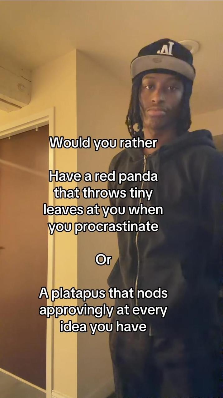 ΔΙ Would you rather Have a red panda that throws tiny leaves at you when you procrastinate Or A platapus that nods approvingly at every idea you have
