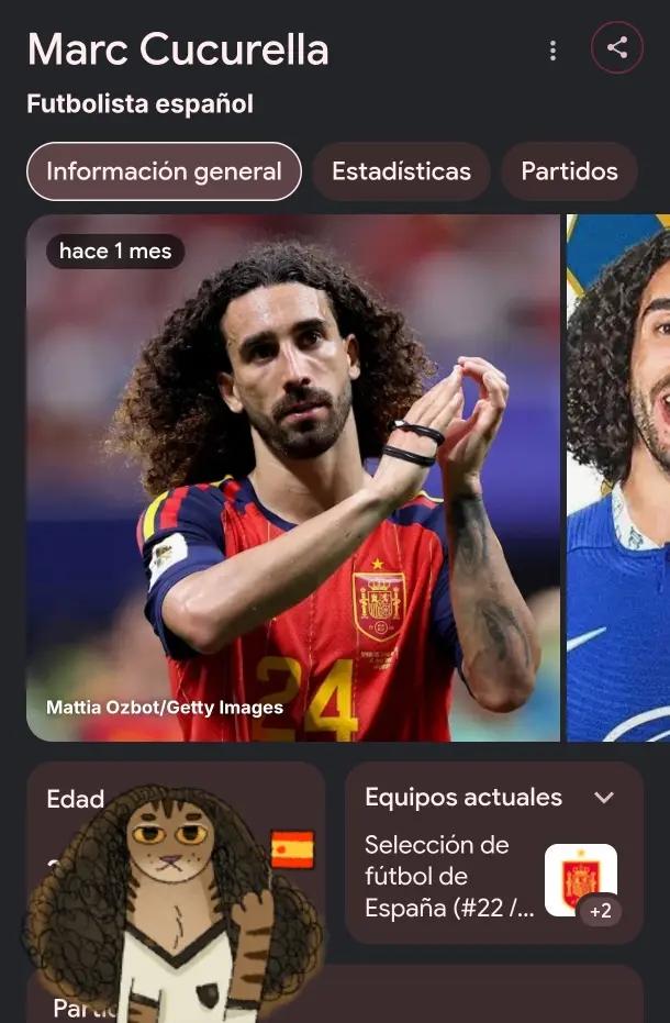 Marc Cucurella Futbolista español Información general Estadísticas Partidos hace 1 mes Mattia Ozbot/Getty Images Edad Par T Equipos actuales Selección de fútbol de España (#22/... +2
