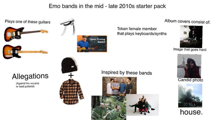 Plays one of these guitars Allegations (Against the vocalist or lead guitarist) Emo bands in the mid- late 2010s starter pack Album covers consist of: Open Tuning Basics Token female member that plays keyboards/synths Image that goes hard + Inspired by these bands Candid photo house.