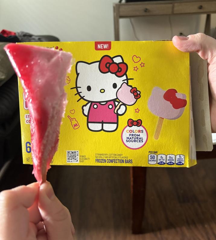 ST CO 6 ORMADE NET 1 ACCESSIBILITY READY NEW! COLORS FROM NATURAL SOURCES STRAWBERRY, COTTON CANDY NATURALLY AND ARTIFICIALLY FLAVORED FROZEN CONFECTION BARS PER BAR 50 Omg 6 PARA CALORIES SAT FAT 0% DV SODIUM 0% DV ADDED SUGARS 12% DV