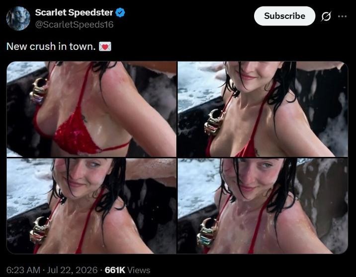 Scarlet Speedster @ScarletSpeeds16 New crush in town. 6:23 AM ⚫ Jul 22, 2026 661K Views Subscribe 0