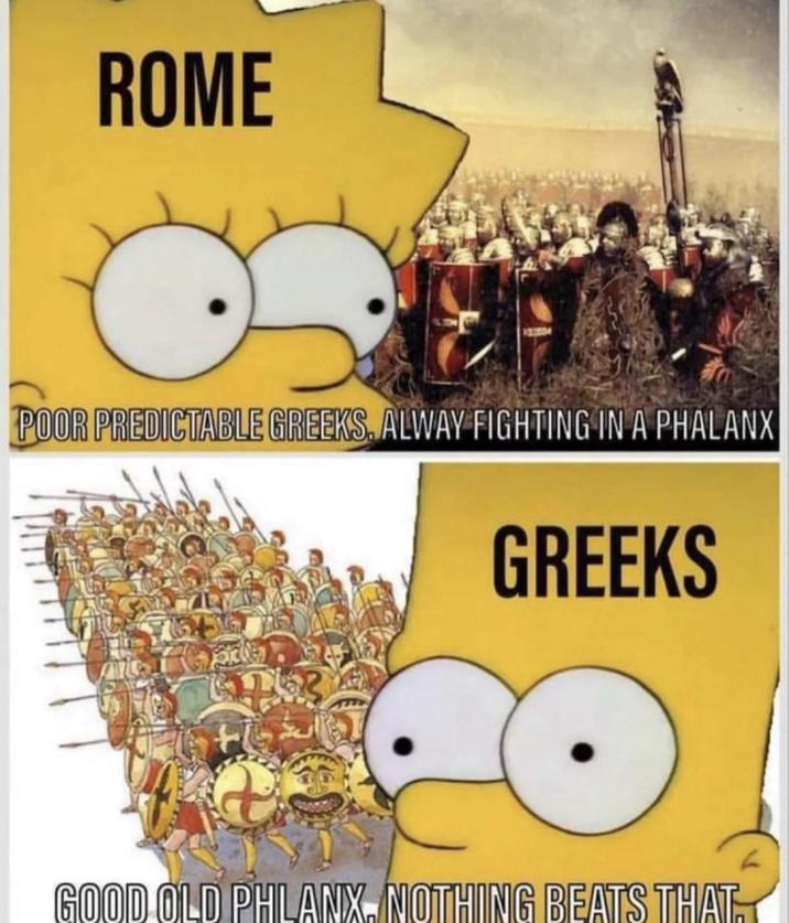 ROME POOR PREDICTABLE GREEKS. ALWAY FIGHTING IN A PHALANX GREEKS GOOD OLD PHLANX. NOTHING BEATS THAT.