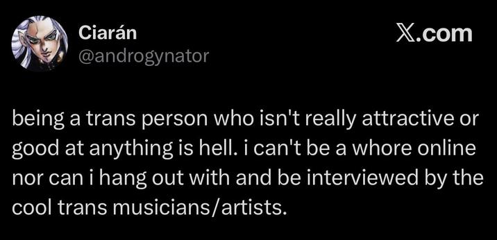 Ciarán @androgynator X.com being a trans person who isn't really attractive or good at anything is hell. i can't be a w---- online nor can i hang out with and be interviewed by the cool trans musicians/artists.