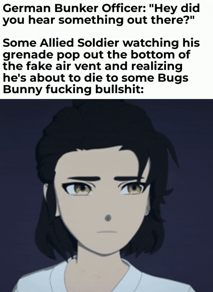 German Bunker Officer: "Hey did you hear something out there?" Some Allied Soldier watching his grenade pop out the bottom of the fake air vent and realizing he's about to die to some Bugs Bunny f------ b-------: