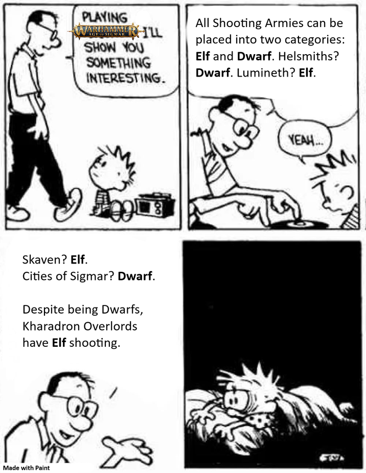 PLAYING WARHAMMER I'LL AGE OF SIGMAR SHOW YOU SOMETHING INTERESTING. All Shooting Armies can be placed into two categories: Elf and Dwarf. Helsmiths? Dwarf. Lumineth? Elf. Skaven? Elf. Cities of Sigmar? Dwarf. Despite being Dwarfs, Kharadron Overlords have Elf shooting. Made with Paint YEAH... M T