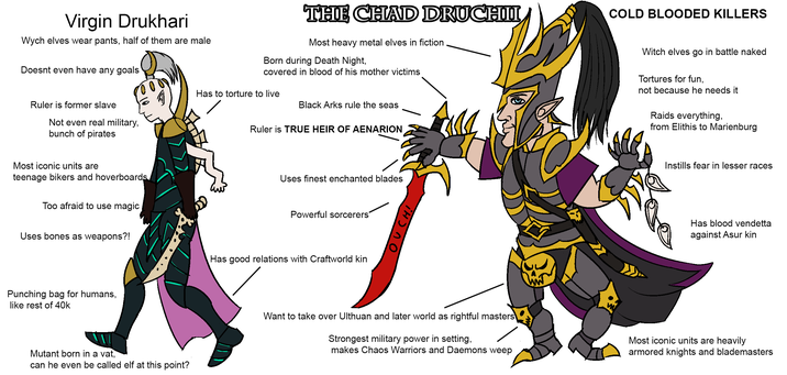 Virgin Drukhari Wych elves wear pants, half of them are male Doesnt even have any goals Born during Death Night, covered in blood of his mother victims Ruler is former slave Not even real military, bunch of pirates Most iconic units are teenage bikers and hoverboards Too afraid to use magic Uses bones as weapons?! THE CHAD DRUCHII COLD BLOODED KILLERS Most heavy metal elves in fiction Has to torture to live Black Arks rule the seas Ruler is TRUE HEIR OF AENARION Uses finest enchanted blades Powerful sorcerers Punching bag for humans, like rest of 40k Has good relations with Craftworld kin Mutant born in a vat, can he even be called elf at this point? CH! Witch elves go in battle naked Tortures for fun, not because he needs it Raids everything, from Elithis to Marienburg Instills fear in lesser races Has blood vendetta against Asur kin Want to take over Ulthuan and later world as rightful masters Strongest military power in setting, makes Chaos Warriors and Daemons weep Most iconic units are heavily armored knights and blademasters