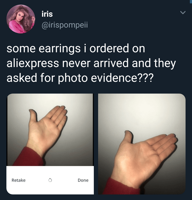 iris @irispompeii some earrings i ordered on aliexpress never arrived and they asked for photo evidence??? Retake Done