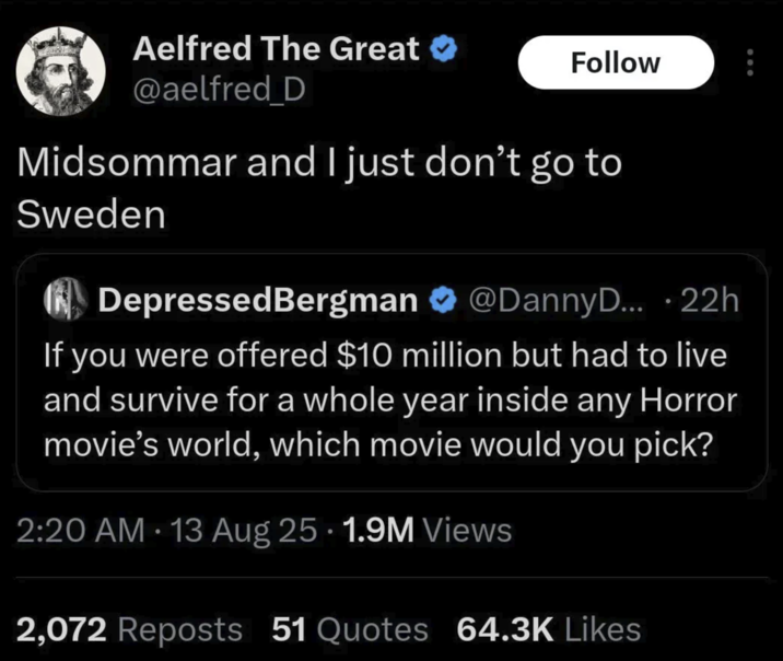Aelfred The Great @aelfred_D Follow Midsommar and I just don't go to Sweden DepressedBergman @DannyD.... 22h If you were offered $10 million but had to live and survive for a whole year inside any Horror movie's world, which movie would you pick? • 2:20 AM - 13 Aug 25 1.9M Views 2,072 Reposts 51 Quotes 64.3K Likes