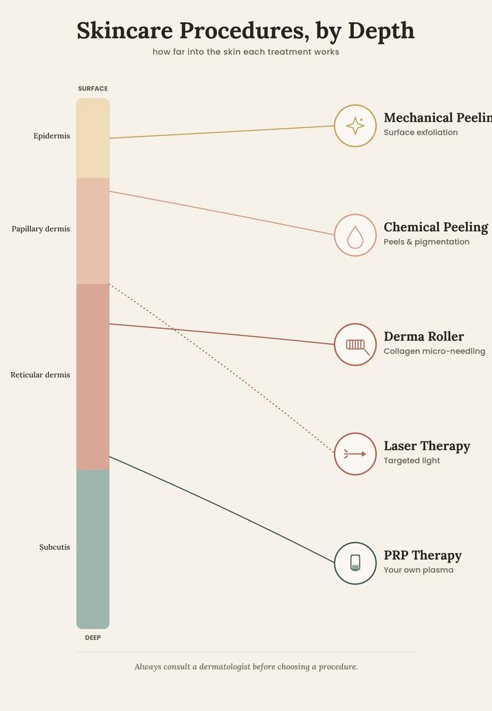 Epidermis Skincare Procedures, by Depth how far into the skin each treatment works SURFACE ☆ Mechanical Peelin Surface exfoliation Papillary dermis Chemical Peeling Peels & pigmentation Reticular dermis Derma Roller Collagen micro-needling Subcutis DEEP Always consult a dermatologist before choosing a procedure. Laser Therapy Targeted light PRP Therapy Your own plasma