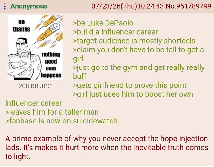 : Anonymous no thanks HOPE CHOPEGEN nothing good ever happens 208 KB JPG influencer career 07/23/26(Thu)10:24:43 No.951789799 >be Luke DePaolo >build a influencer career >target audience is mostly shortcels >claim you don't have to be tall to get a girl >just go to the gym and get really really buff >gets girlfriend to prove this point >girl just uses him to boost her own >leaves him for a taller man > fanbase is now on suicidewatch A prime example of why you never accept the hope injection lads. It's makes it hurt more when the inevitable truth comes to light.