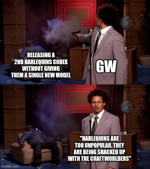 RELEASING A 2ND HARLEQUINS CODEX WITHOUT GIVING THEM A SINGLE NEW MODEL GW imgflip.com "HARLEQUINS ARE TOO UNPOPULAR. THEY ARE BEING SHACKED UP WITH THE CRAFTWORLDERS"