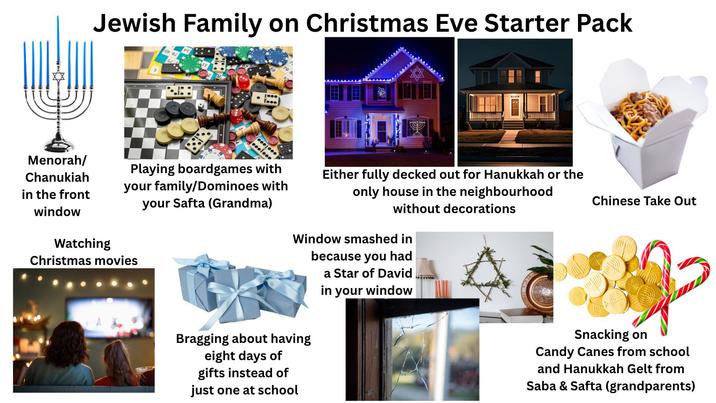 Menorah/ Jewish Family on Christmas Eve Starter Pack 1000 • leeeleee eeeee Chanukiah in the front Playing boardgames with your family/Dominoes with your Safta (Grandma) window Watching Christmas movies Either fully decked out for Hanukkah or the only house in the neighbourhood without decorations Window smashed in Bragging about having eight days of gifts instead of just one at school because you had a Star of David in your window Chinese Take Out Snacking on Candy Canes from school and Hanukkah Gelt from Saba & Safta (grandparents)
