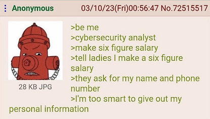 Anonymous 28 KB JPG 03/10/23(Fri)00:56:47 No.72515517 >be me >cybersecurity analyst >make six figure salary >tell ladies I make a six figure salary >they ask for my name and phone number >I'm too smart to give out my personal information