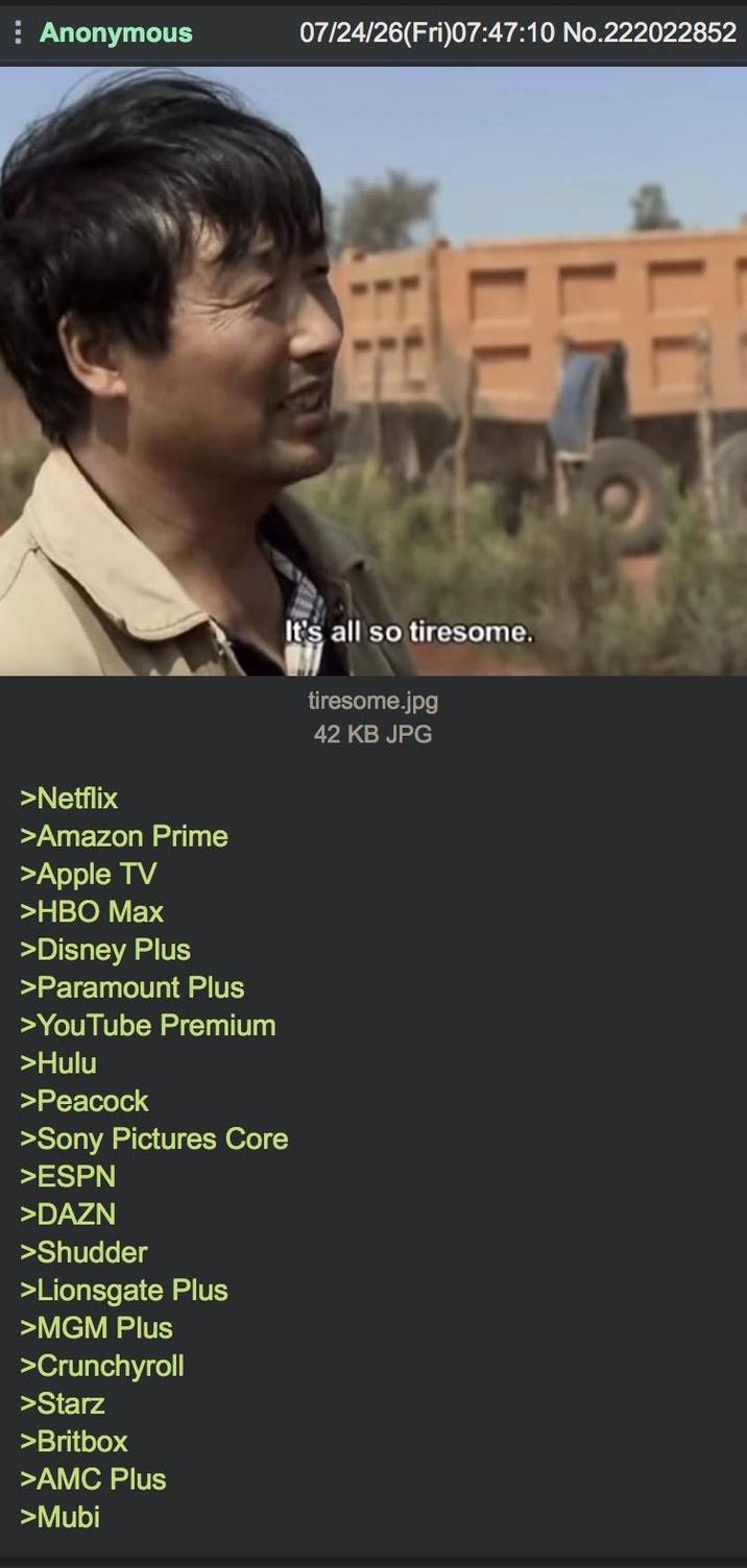 Anonymous 07/24/26(Fri)07:47:10 No.222022852 >Netflix >Amazon Prime >Apple TV >HBO Max >Disney Plus >Paramount Plus >YouTube Premium >Hulu >Peacock >Sony Pictures Core >ESPN >DAZN >Shudder >Lionsgate Plus >MGM Plus >Crunchyroll >Starz >Britbox >AMC Plus >Mubi It's all so tiresome. tiresome.jpg 42 KB JPG