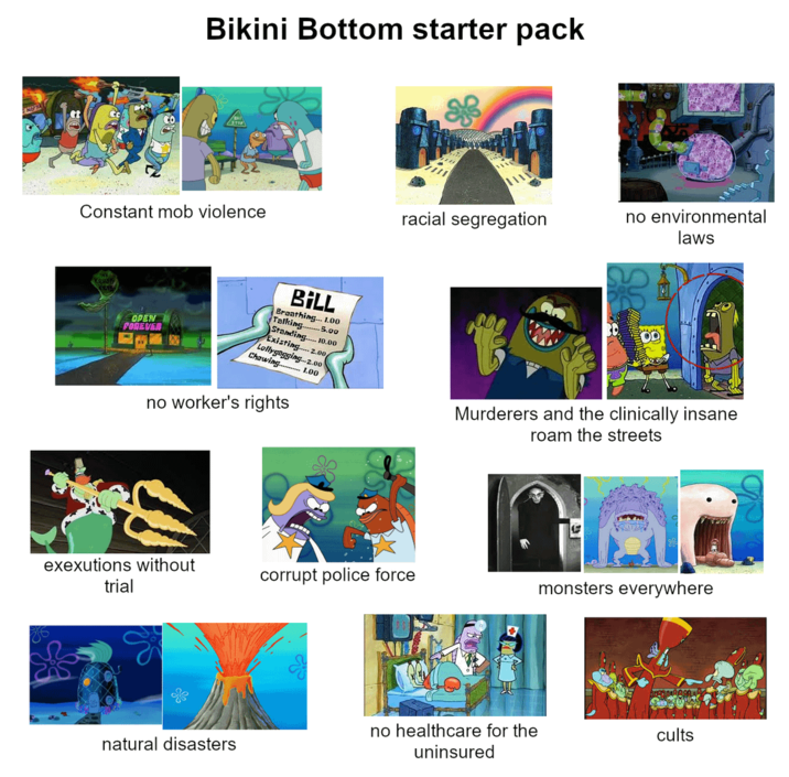 Bikini Bottom starter pack Constant mob violence OPEN FOREVER racial segregation no environmental laws BILL Breathing... 1.00 Talking........ 5.00 Standing 10.00 Existing 2.00 Lollygagging-2.00 Chewing..........1.00 no worker's rights Murderers and the clinically insane roam the streets exexutions without trial corrupt police force monsters everywhere natural disasters no healthcare for the uninsured cults