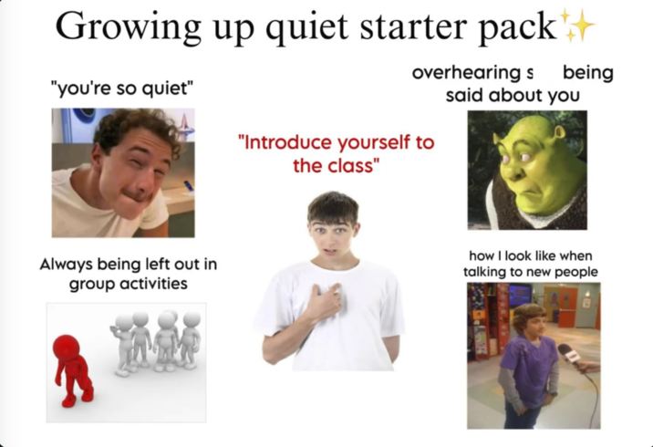 Growing up quiet starter pack + "you're so quiet" being overhearing s said about you "Introduce yourself to the class" Always being left out in group activities how I look like when talking to new people