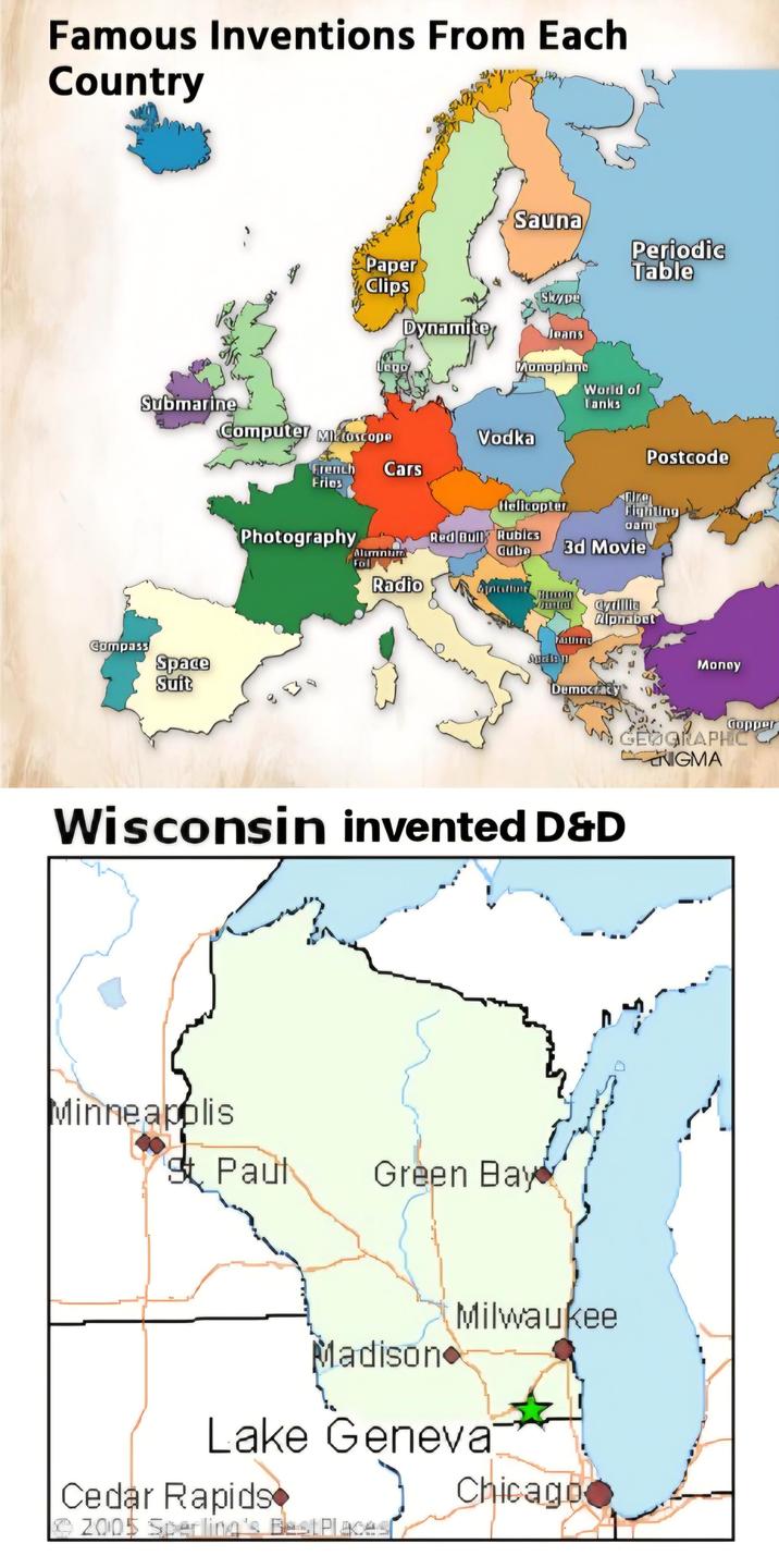 Famous Inventions From Each Country Submarine Compass Space Suit Sauna Paper Clips Periodic Table Skype Jago Dynamite Joans Monoplane Computer Mikado έδρα French Cars Erios Photography Alumnum Fol Radio World of Tanks Vodka Postcode Helicopter Figining Red Bull Rubles Cubo 3d Movie Cyrillia Alphabet Money Dumoc Wisconsin invented D&D GEOGRAPH NIGMA Minneapolis St Paul Green Bay Milwaukee Madison Lake Geneva Cedar Rapids 2005 Sperling's Best Places Chicago