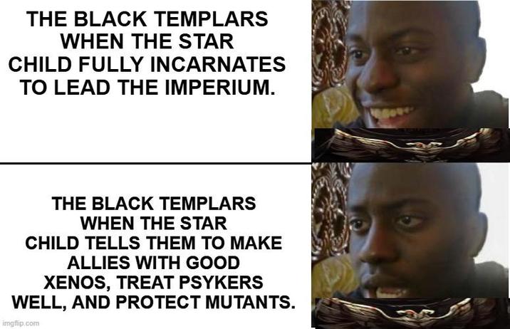 THE BLACK TEMPLARS WHEN THE STAR CHILD FULLY INCARNATES TO LEAD THE IMPERIUM. THE BLACK TEMPLARS WHEN THE STAR CHILD TELLS THEM TO MAKE ALLIES WITH GOOD XENOS, TREAT PSYKERS WELL, AND PROTECT MUTANTS. imgflip.com